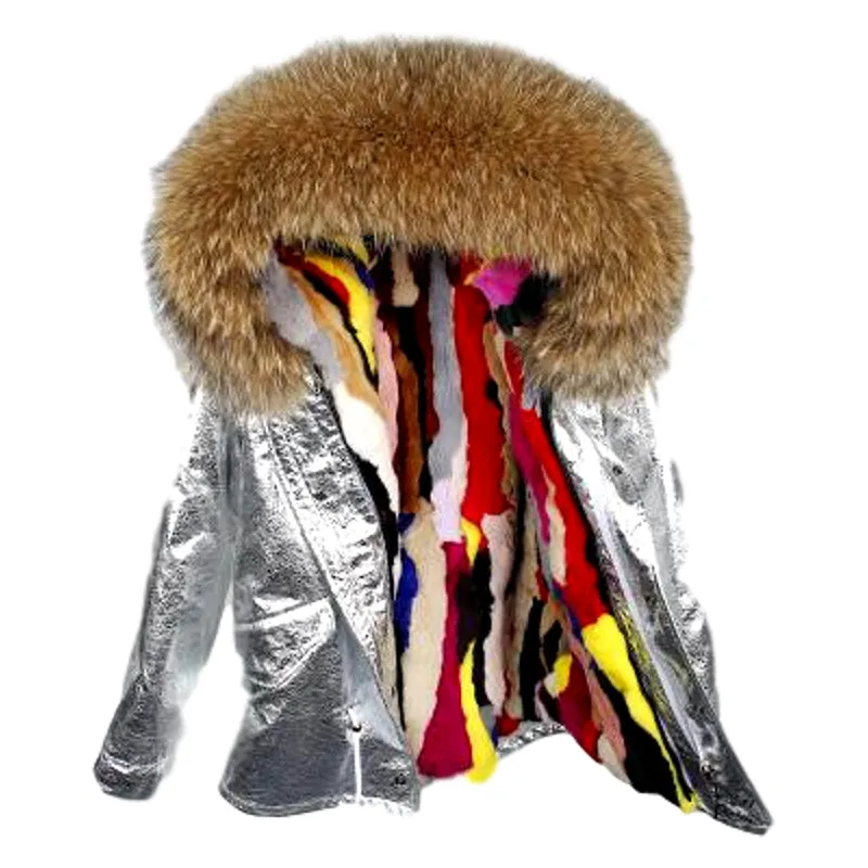 Silver Genuine Raccoon Fur Collar Hooded Jacket
