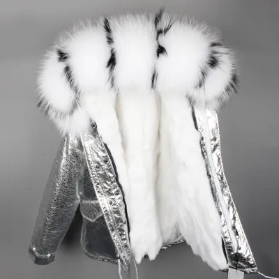 Silver Genuine Raccoon Fur Collar Hooded Jacket