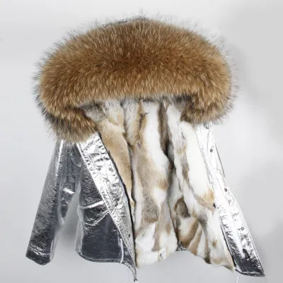 Silver Genuine Raccoon Fur Collar Hooded Jacket