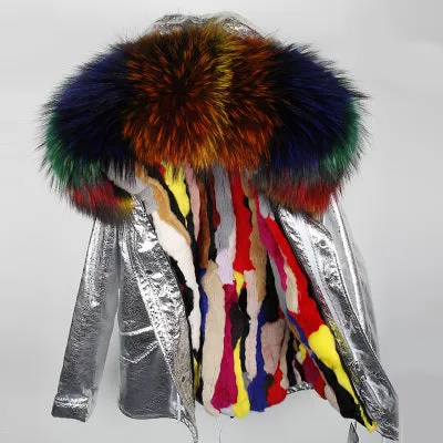 Silver Genuine Raccoon Fur Collar Hooded Jacket