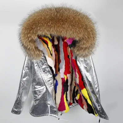 Silver Genuine Raccoon Fur Collar Hooded Jacket