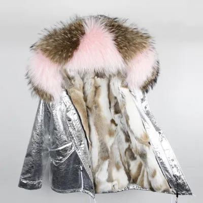 Silver Genuine Raccoon Fur Collar Hooded Jacket