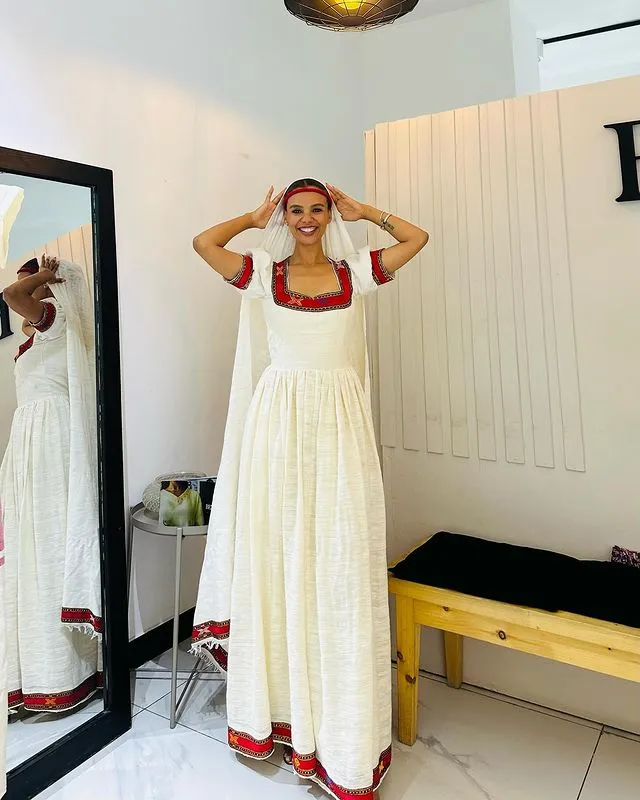 Simple Red Habesha Kemis Ethiopian Traditional Dress