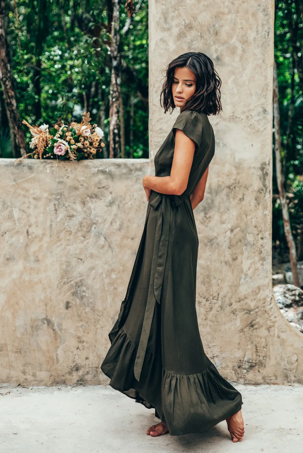 SukiSo Women's Chloe Wrap Dress in Forest Green