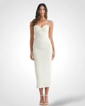 TEXTURED JACQUARD SWEETHEART NECKLINE MIDI DRESS