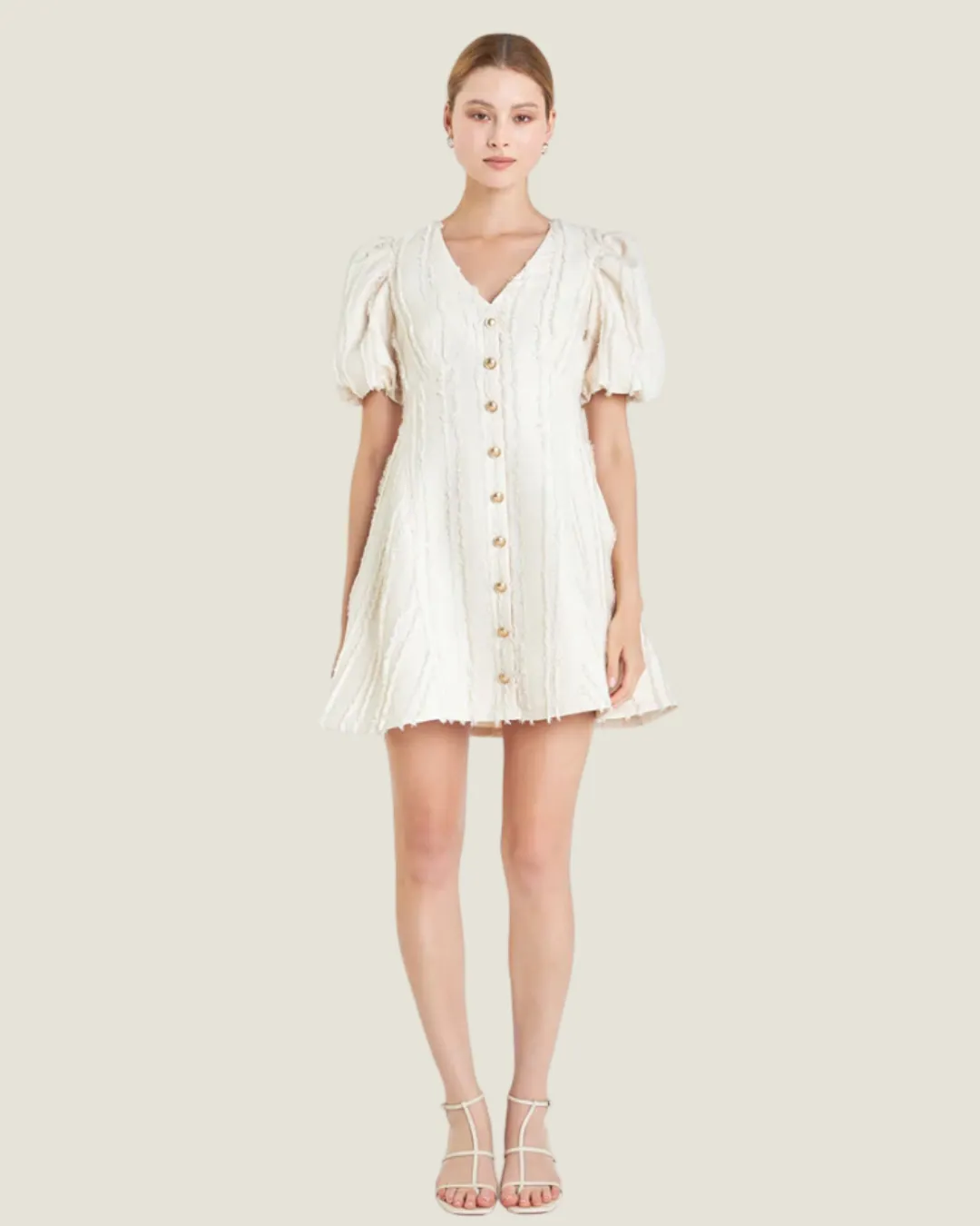 The Callie: Textured Button Mini Dress in Beige