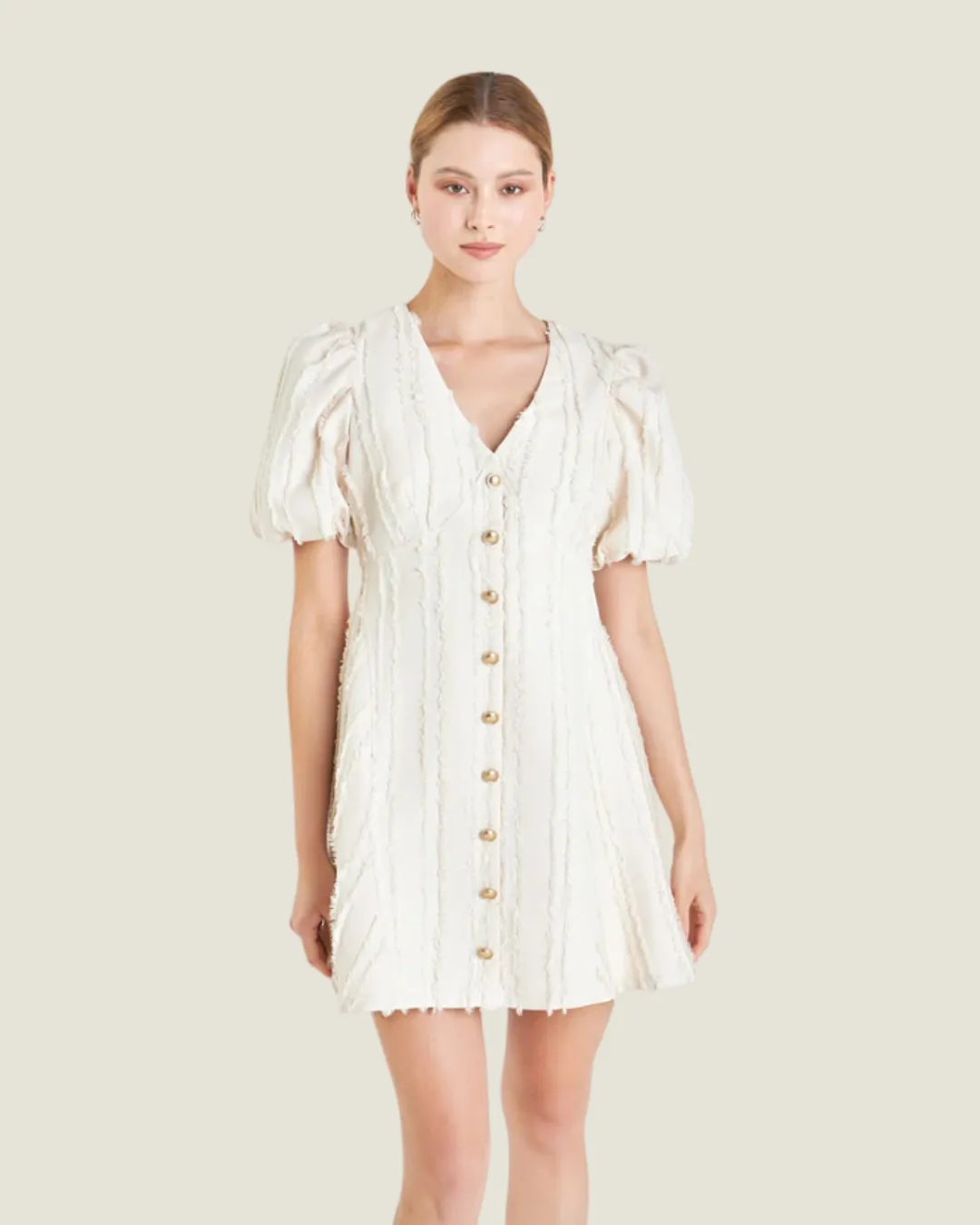 The Callie: Textured Button Mini Dress in Beige