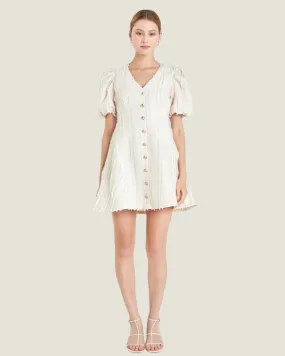 The Callie: Textured Button Mini Dress in Beige