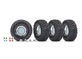 Traxxas 8166X Tires and wheels assembled glued (1.9' chrome wheels Canyon Trail 4.6x1.9' tires) (4) center caps (4) decal sheet (requires #8255A extended stub axle)