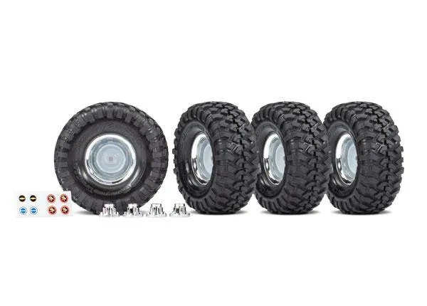 Traxxas 8166X Tires and wheels assembled glued (1.9' chrome wheels Canyon Trail 4.6x1.9' tires) (4) center caps (4) decal sheet (requires #8255A extended stub axle)