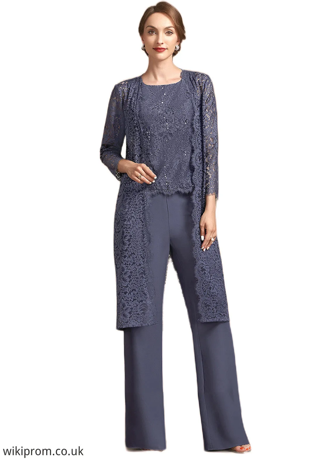 Vanessa Jumpsuit/Pantsuit Scoop Neck Floor-Length Chiffon Lace Mother of the Bride Dress With Sequins SWK126P0014805