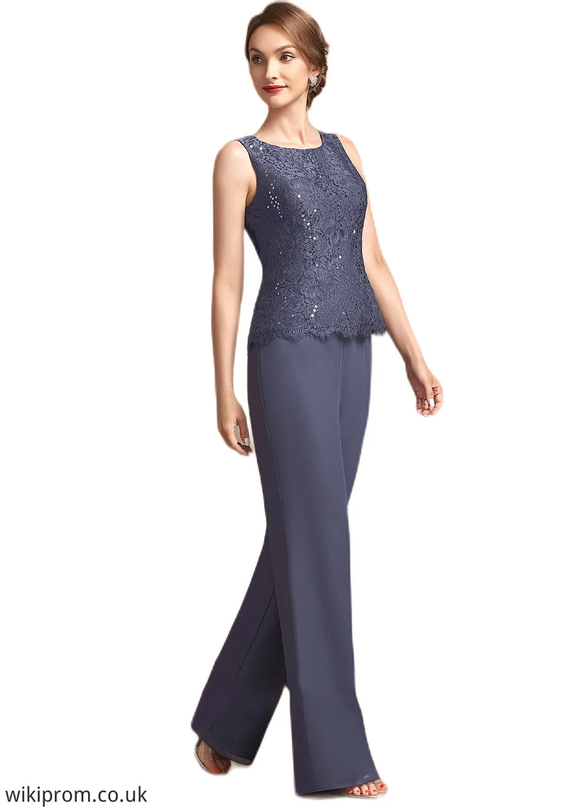 Vanessa Jumpsuit/Pantsuit Scoop Neck Floor-Length Chiffon Lace Mother of the Bride Dress With Sequins SWK126P0014805