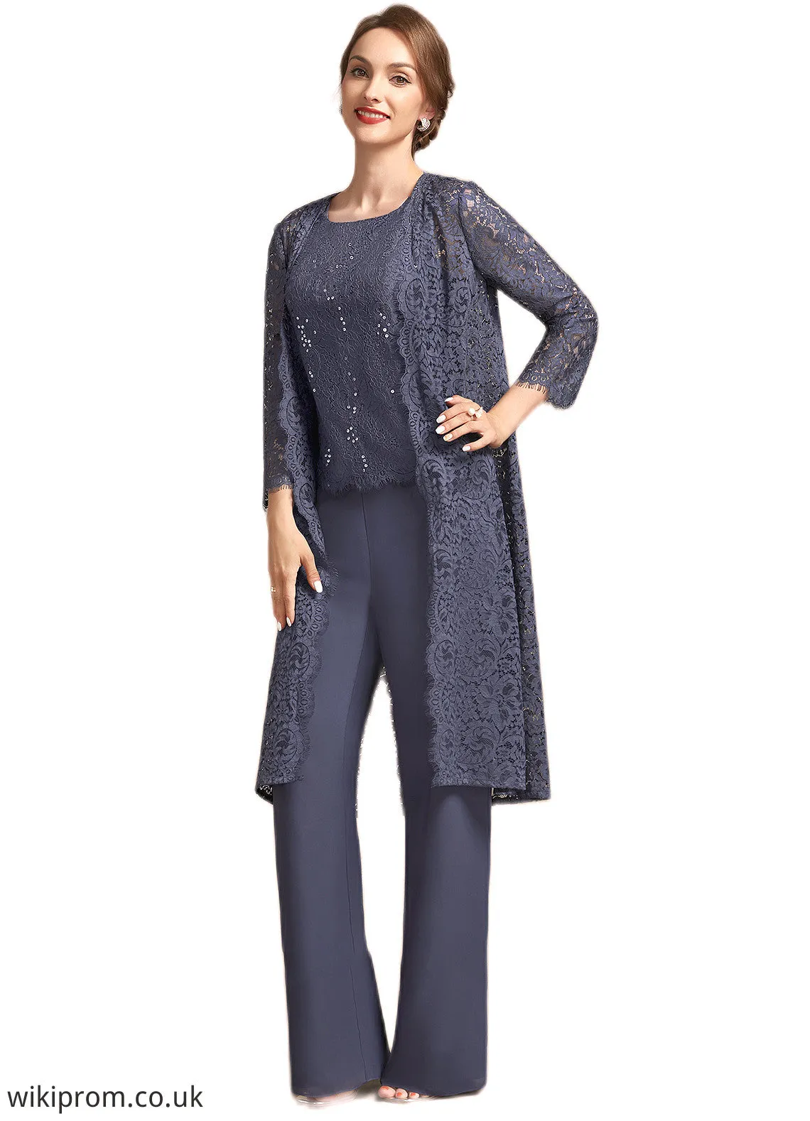 Vanessa Jumpsuit/Pantsuit Scoop Neck Floor-Length Chiffon Lace Mother of the Bride Dress With Sequins SWK126P0014805