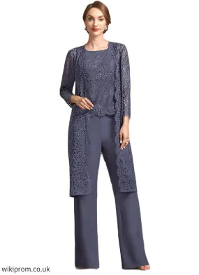 Vanessa Jumpsuit/Pantsuit Scoop Neck Floor-Length Chiffon Lace Mother of the Bride Dress With Sequins SWK126P0014805