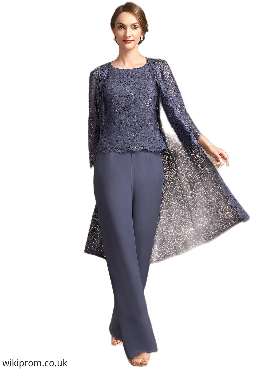 Vanessa Jumpsuit/Pantsuit Scoop Neck Floor-Length Chiffon Lace Mother of the Bride Dress With Sequins SWK126P0014805