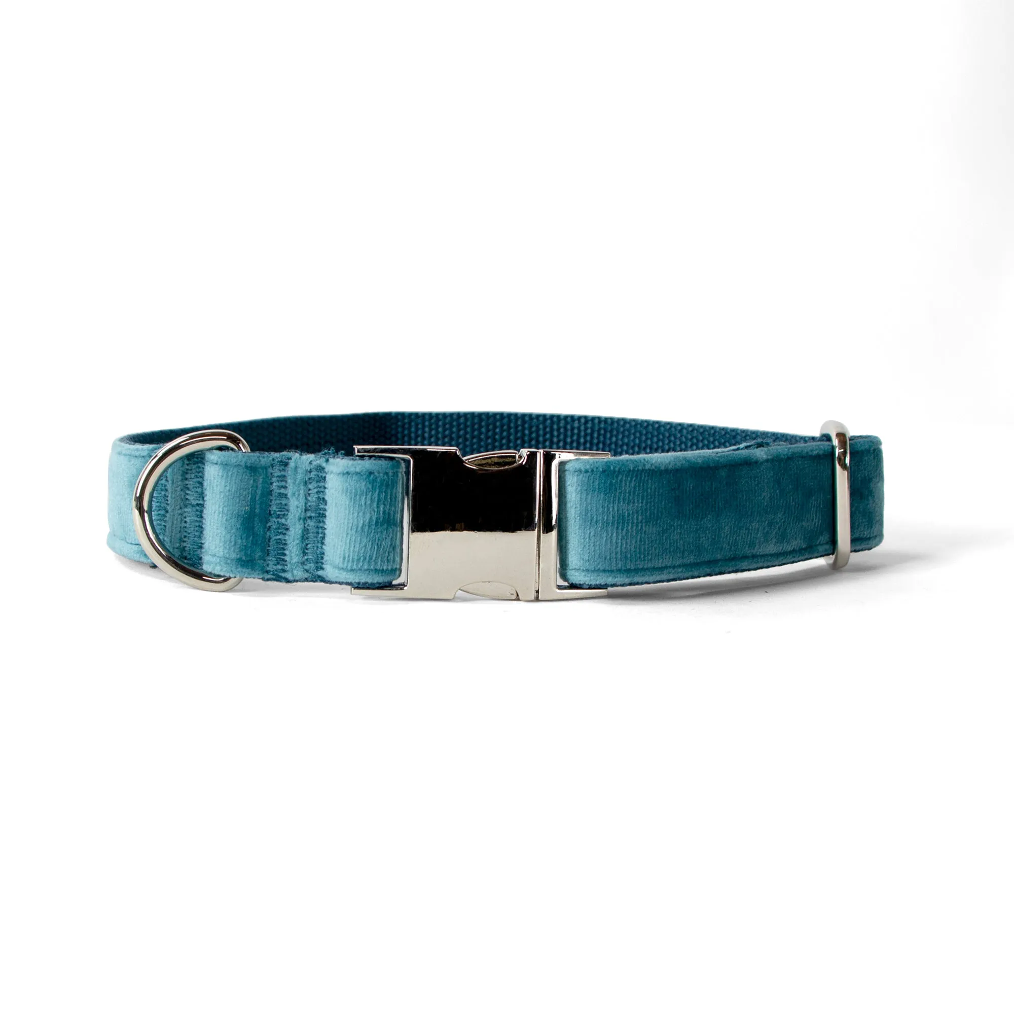Velvet Dog Collar with Chrome Silver Metal Buckle, Teal