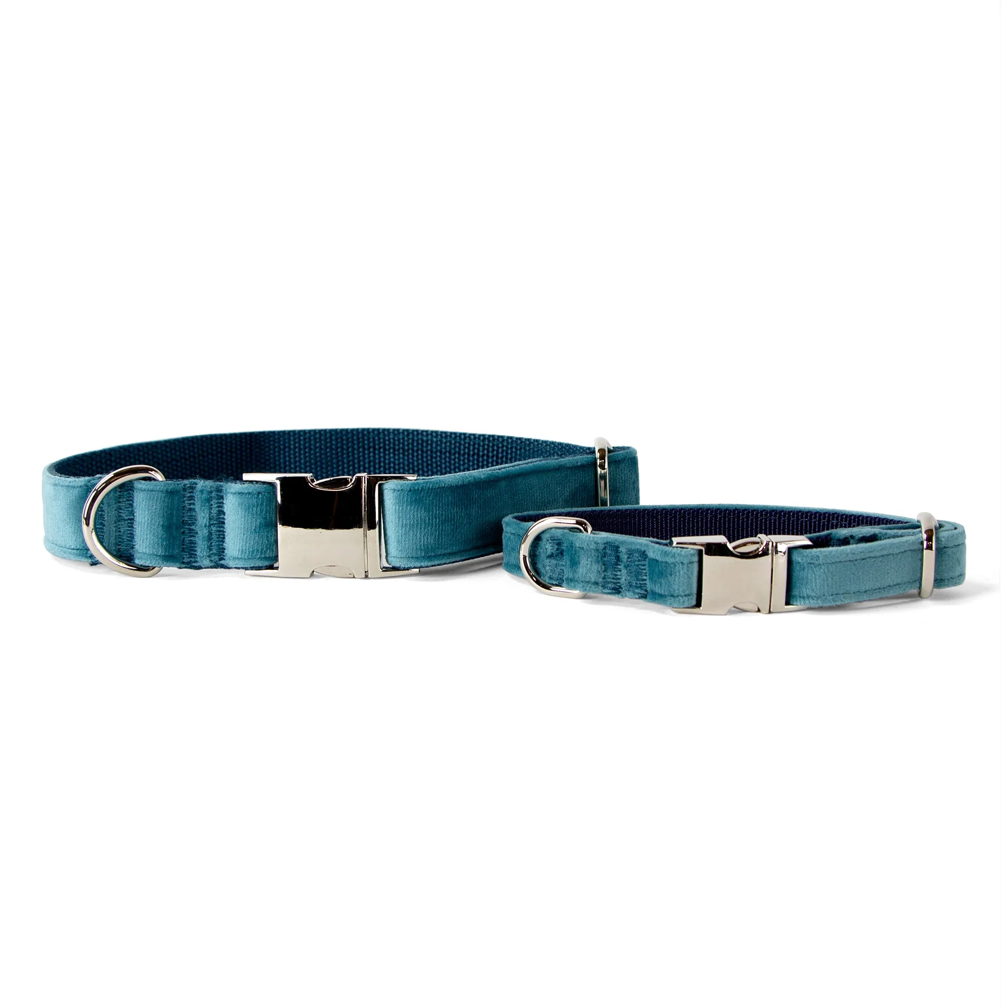 Velvet Dog Collar with Chrome Silver Metal Buckle, Teal