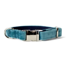 Velvet Dog Collar with Chrome Silver Metal Buckle, Teal
