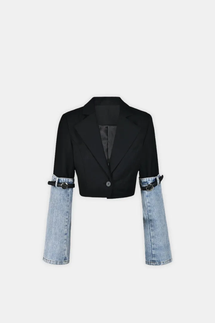 Vesta Crop Blazer With Denim Detail