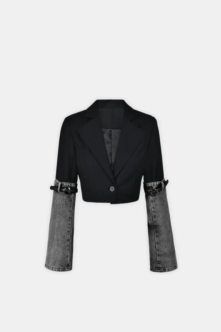 Vesta Crop Blazer With Denim Detail