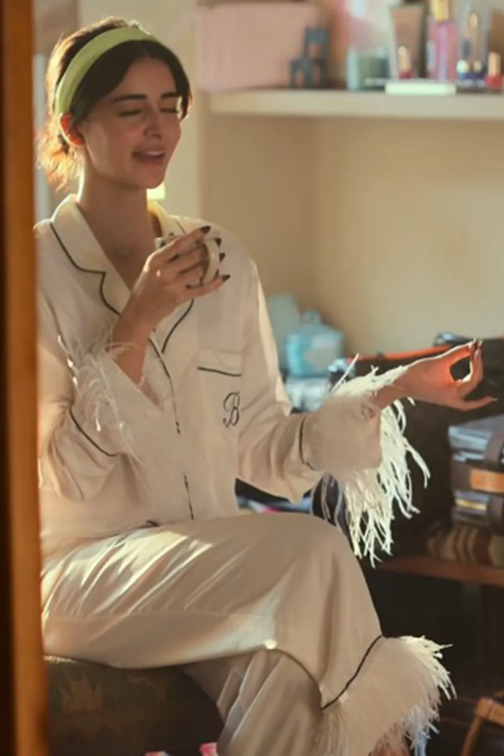 White Ananya Pj Set In Satin With Fur Detail