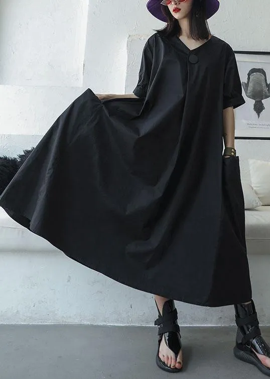 Women black v neck cotton Tunics big pockets Maxi summer Dresses