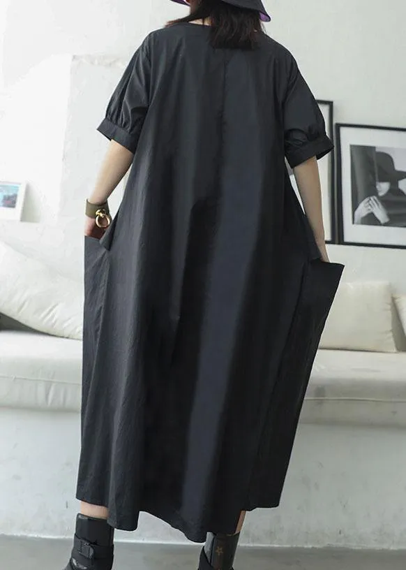 Women black v neck cotton Tunics big pockets Maxi summer Dresses