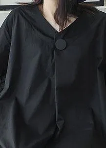 Women black v neck cotton Tunics big pockets Maxi summer Dresses