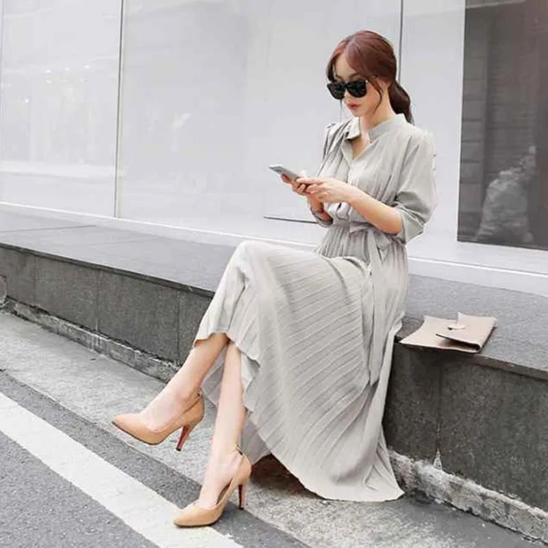 Women Pleated Dress Full Sleeve Slim Waist A-line Dress - WD8140