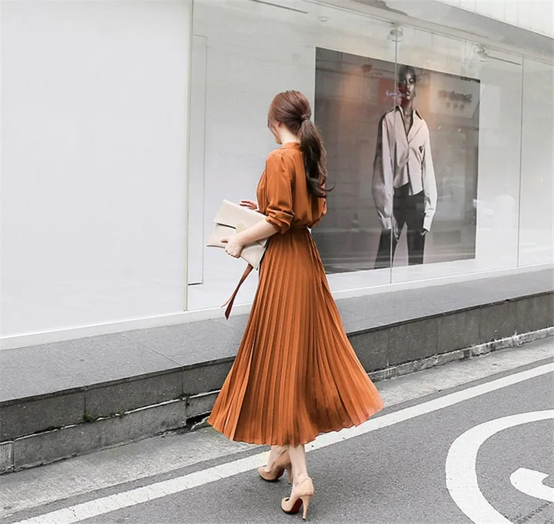 Women Pleated Dress Full Sleeve Slim Waist A-line Dress - WD8140