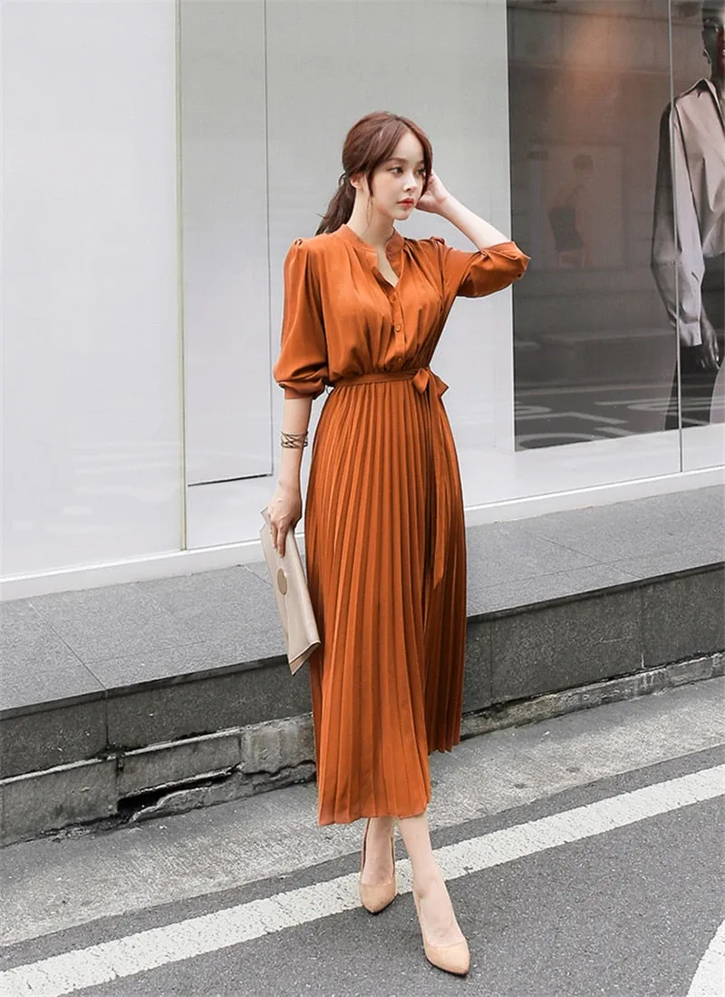 Women Pleated Dress Full Sleeve Slim Waist A-line Dress - WD8140