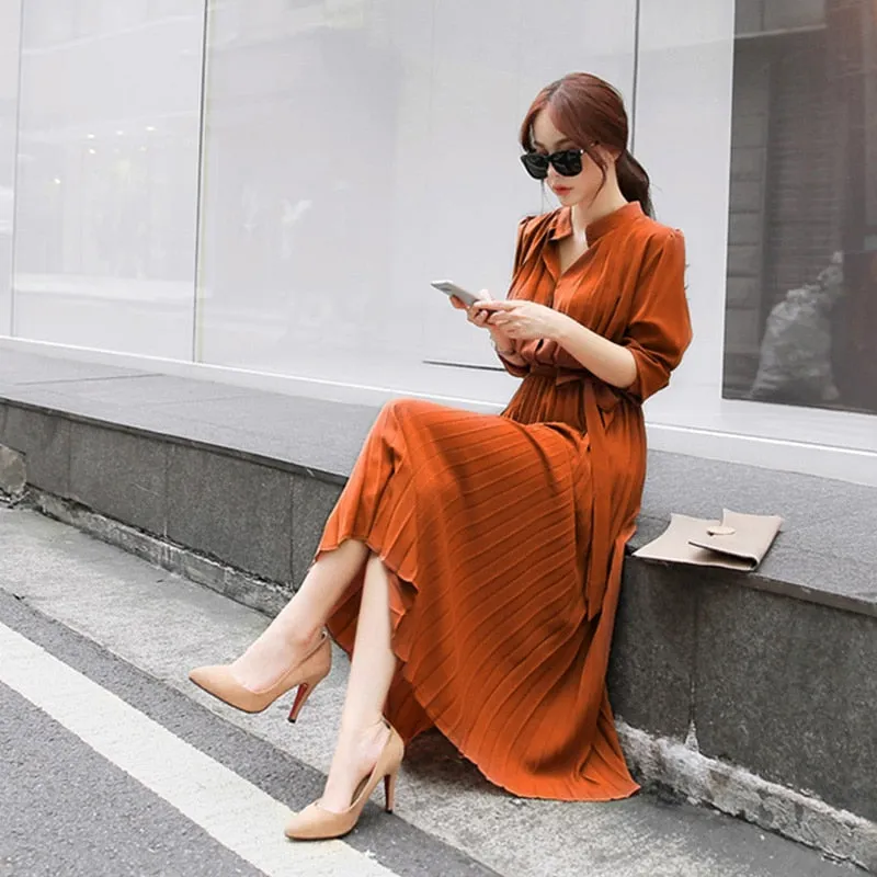 Women Pleated Dress Full Sleeve Slim Waist A-line Dress - WD8140