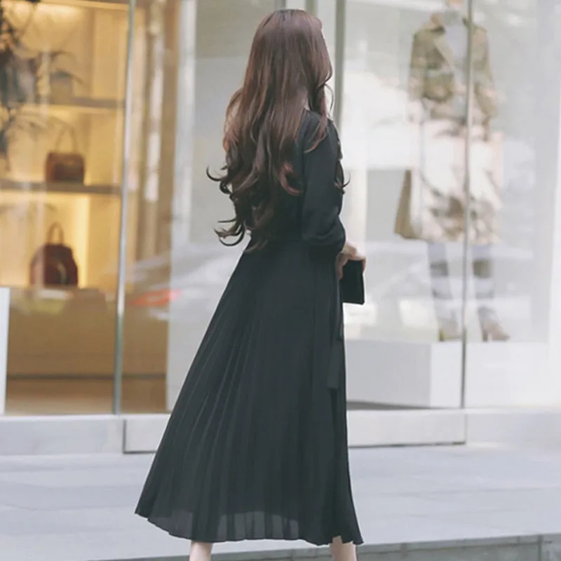 Women Pleated Dress Full Sleeve Slim Waist A-line Dress - WD8140
