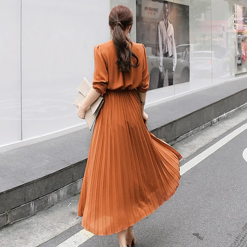 Women Pleated Dress Full Sleeve Slim Waist A-line Dress - WD8140