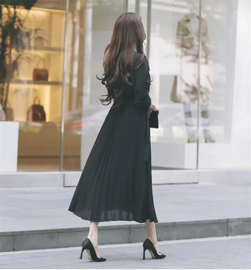 Women Pleated Dress Full Sleeve Slim Waist A-line Dress - WD8140
