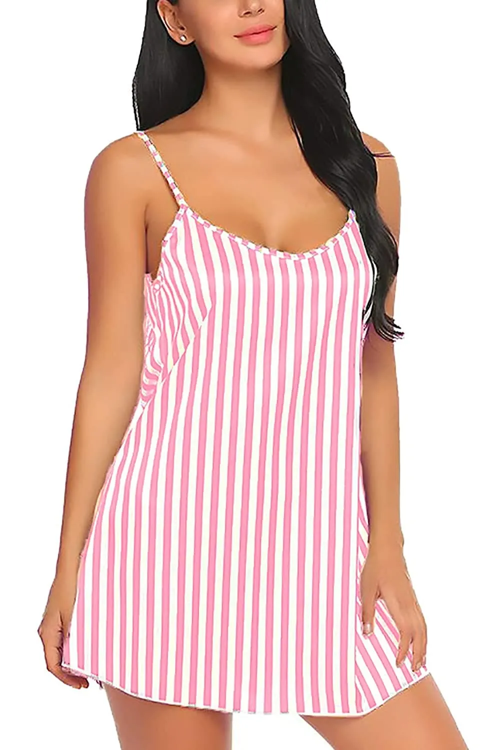 Women Stripe Satin Nightwear Lingerie Sleep Dress with Panty