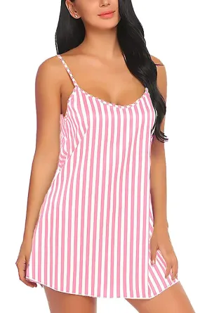 Women Stripe Satin Nightwear Lingerie Sleep Dress with Panty