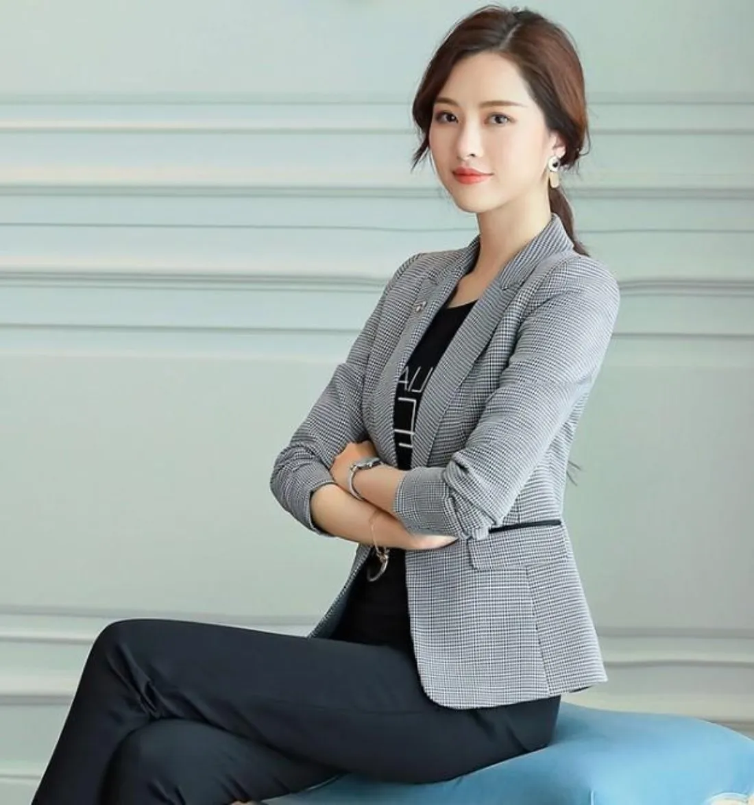 Womens One Button Houndstooth Blazer