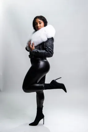 Women's Trey Biker Space Gray Oversized Fox Collar [Pure White Fox Fur]