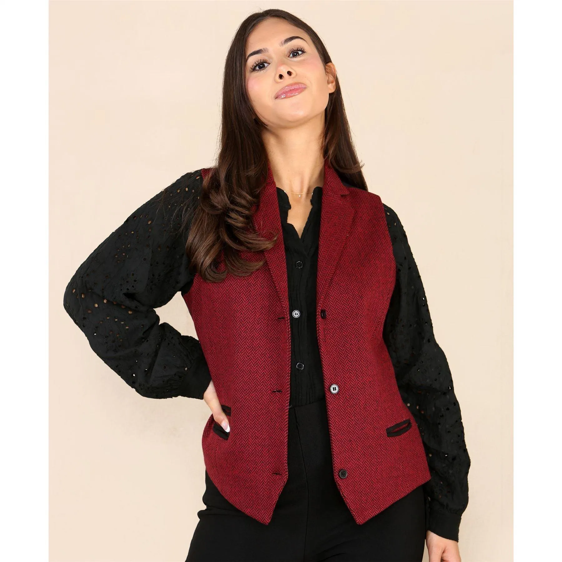 Womens Tweed Herringbone Waistcoat Blazer Jacket Wine Red Classic Vintage 1920s